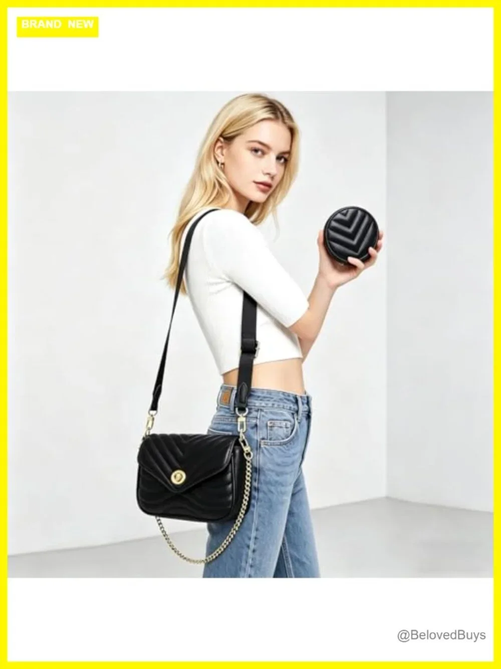 Quilted Faux Leather Crossbody Bag with Chain Strap, 3-Piece Purse Set with